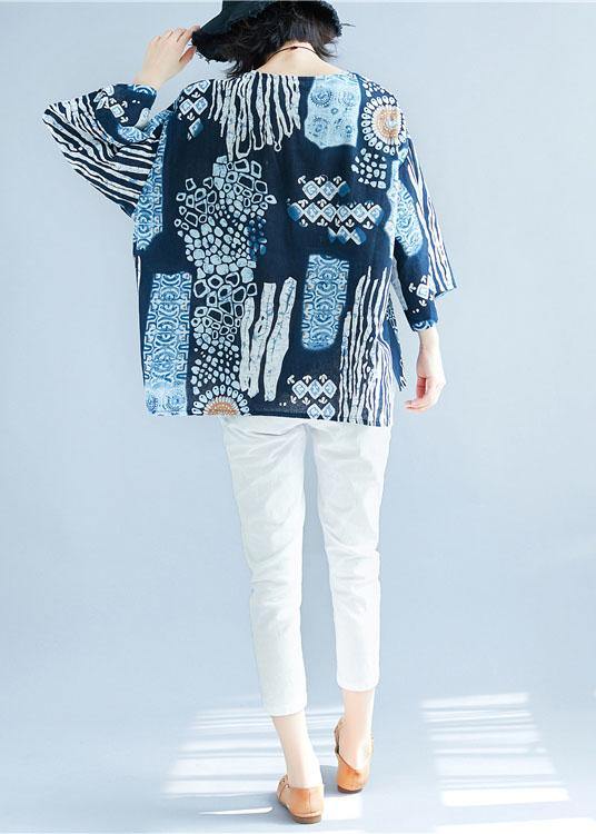 Blue Print Cotton Linen Shirts Fabrics O Neck Batwing Sleeve Blouses
