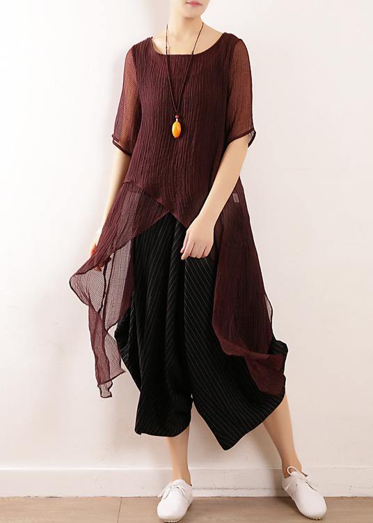 Burgundy Linen Top Asymmetric Hem Clothing Summer Blouse