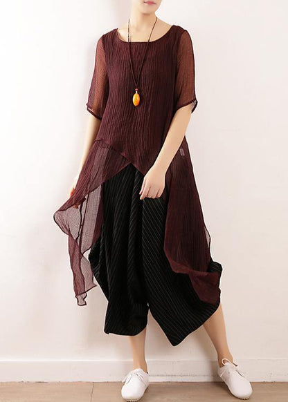 Burgundy Linen Top Asymmetric Hem Clothing Summer Blouse