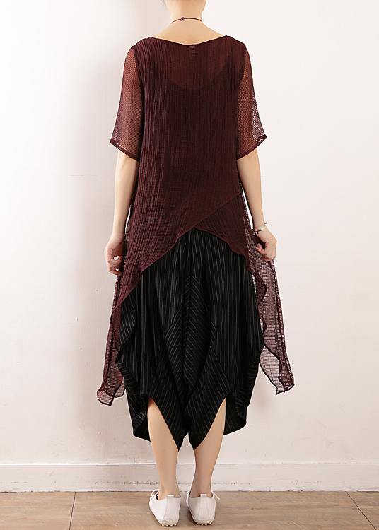 Burgundy Linen Top Asymmetric Hem Clothing Summer Blouse