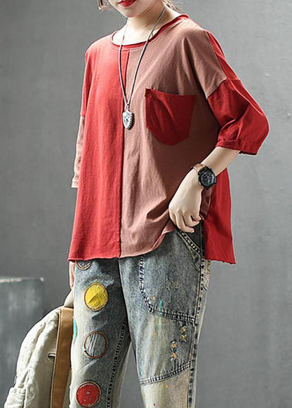 Cotton Tops Stylish Single Pocket Color Matching Blouse