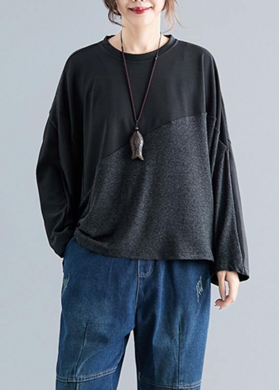 Dark Gray Cotton Linen Tops O Neck Patchwork Box Blouses