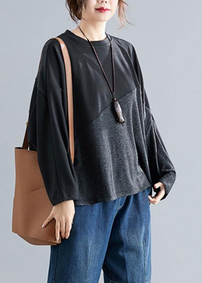 Bohemian dark gray cotton linen tops women o neck patchwork box blouses