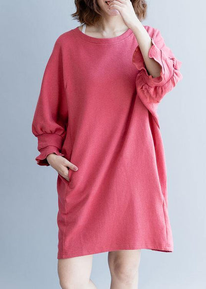 Dark Pink Cotton Clothes Lantern Sleeve Oversized Fall Dresses