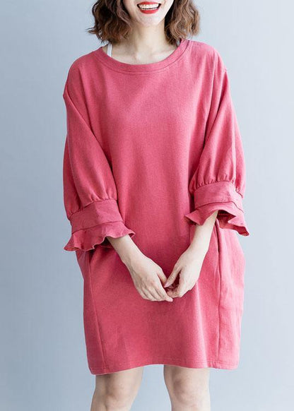 Dark Pink Cotton Clothes Lantern Sleeve Oversized Fall Dresses