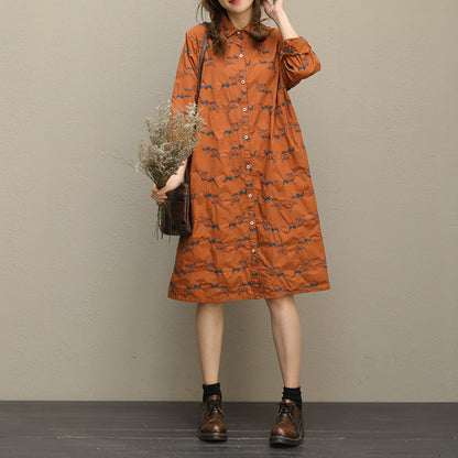 Embroidery Button Down Cotton Quilting Clothes Sleeve Brown Short Dresses