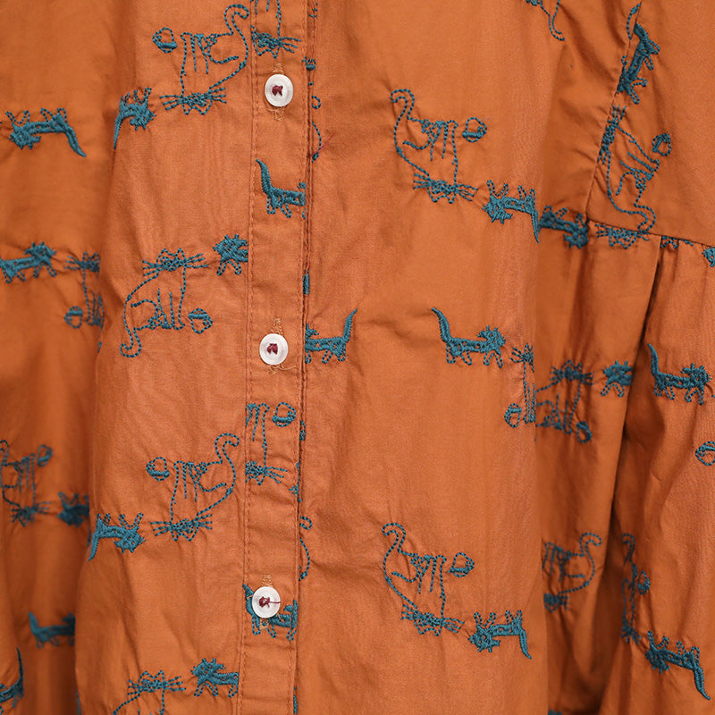 Embroidery Button Down Cotton Quilting Clothes Sleeve Brown Short Dresses