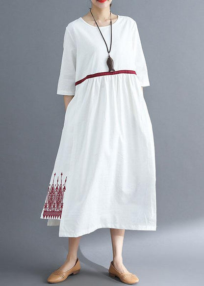 Embroidery Linen Sewing Red Dress Summer