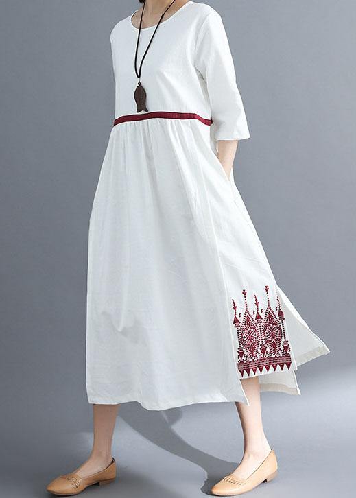 Embroidery Linen Sewing Red Dress Summer