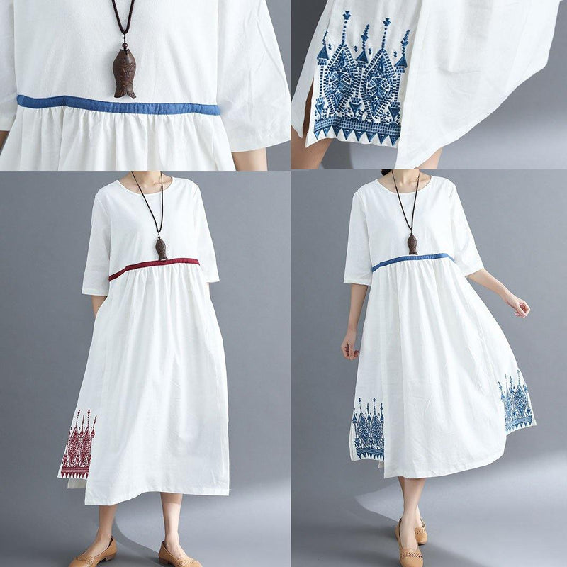 Embroidery Linen Sewing Red Dress Summer