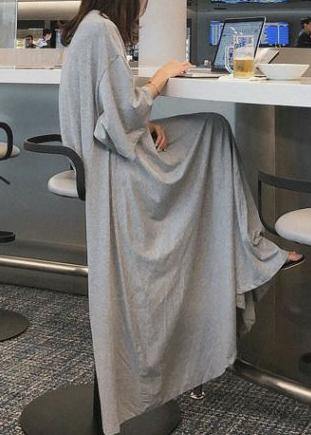 Gray Cotton Dresses O Neck Extra Large Hem Long Dress