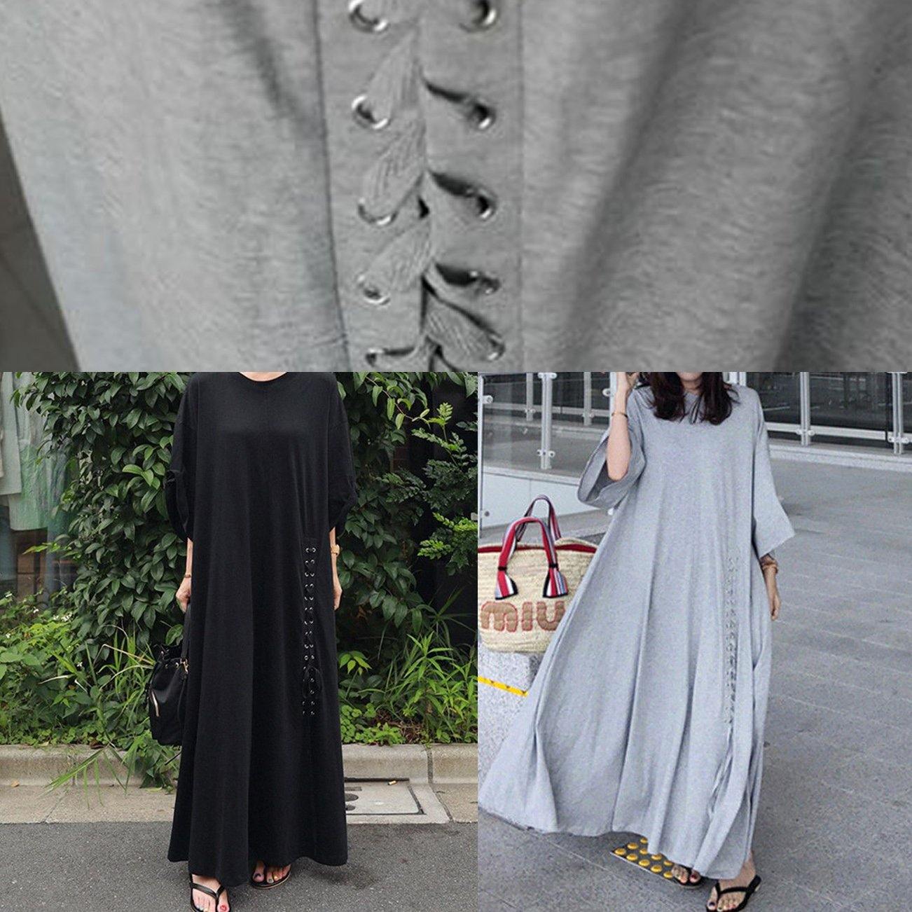 Gray Cotton Dresses O Neck Extra Large Hem Long Dress