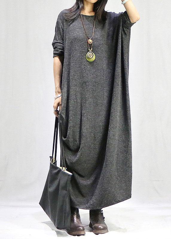 Gray Dresses O Neck Long Sleeve Long Fall Dress