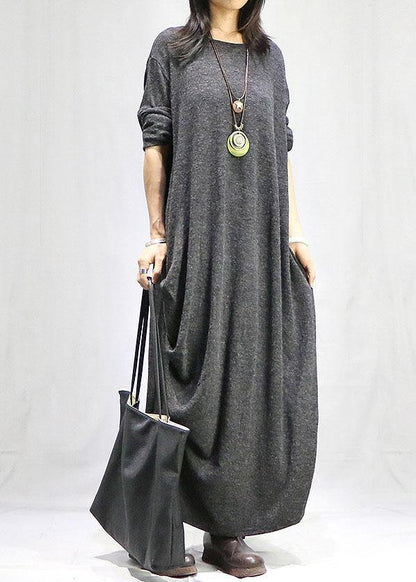 Gray Dresses O Neck Long Sleeve Long Fall Dress