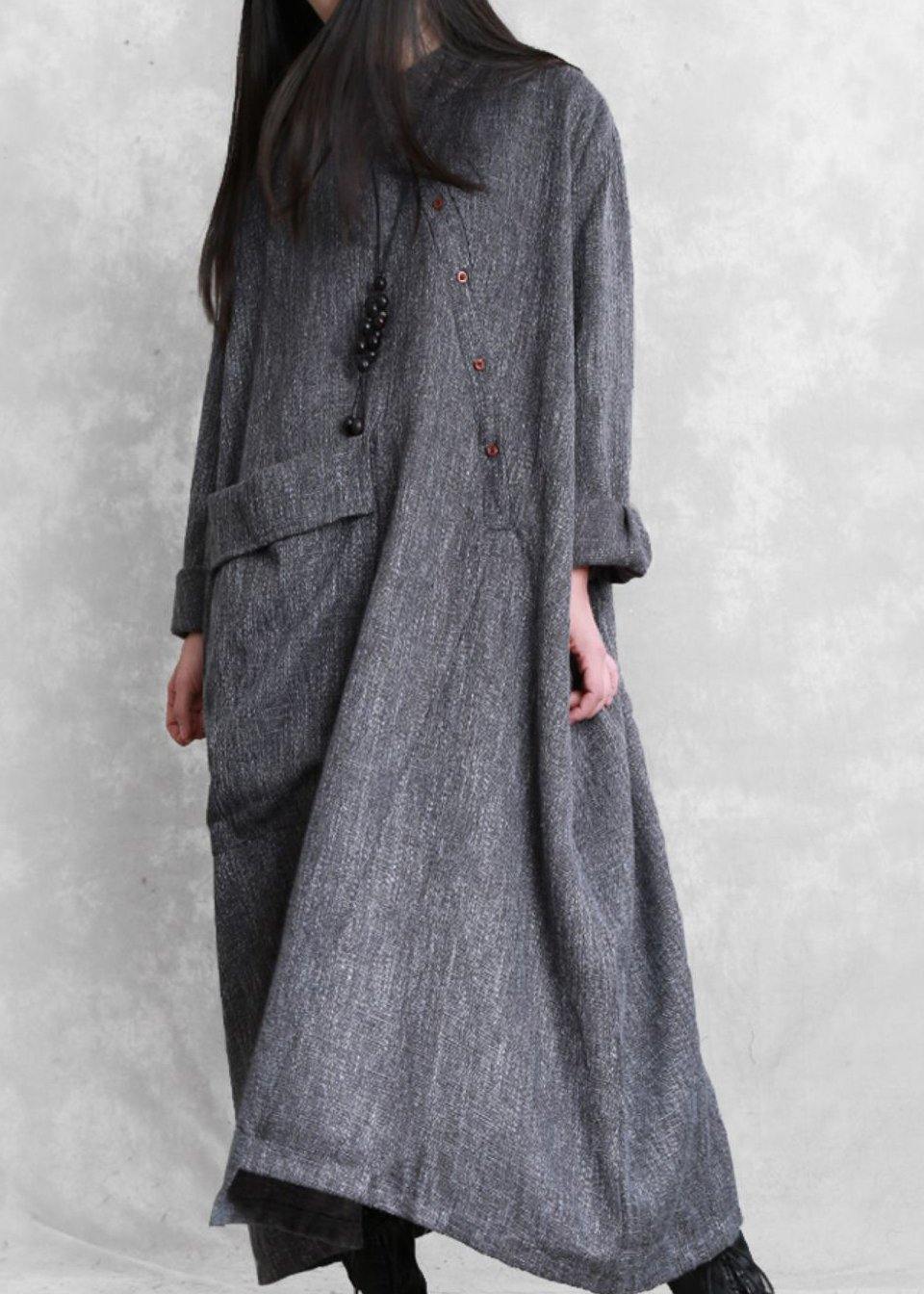 Gray Linen Clothes for Stand Collar Asymmetric Loose Dresses