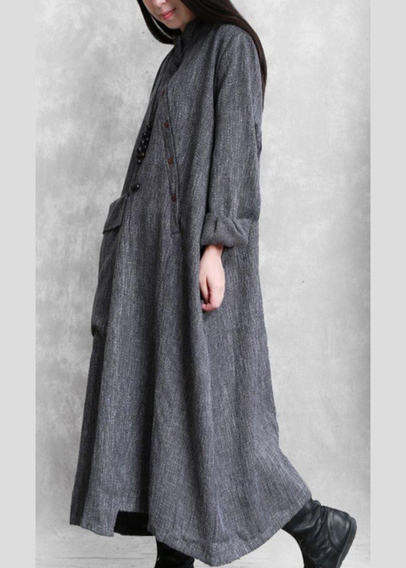 Gray Linen Clothes for Stand Collar Asymmetric Loose Dresses