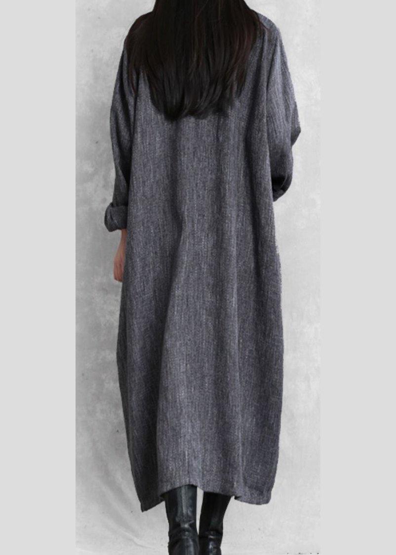 Gray Linen Clothes for Stand Collar Asymmetric Loose Dresses