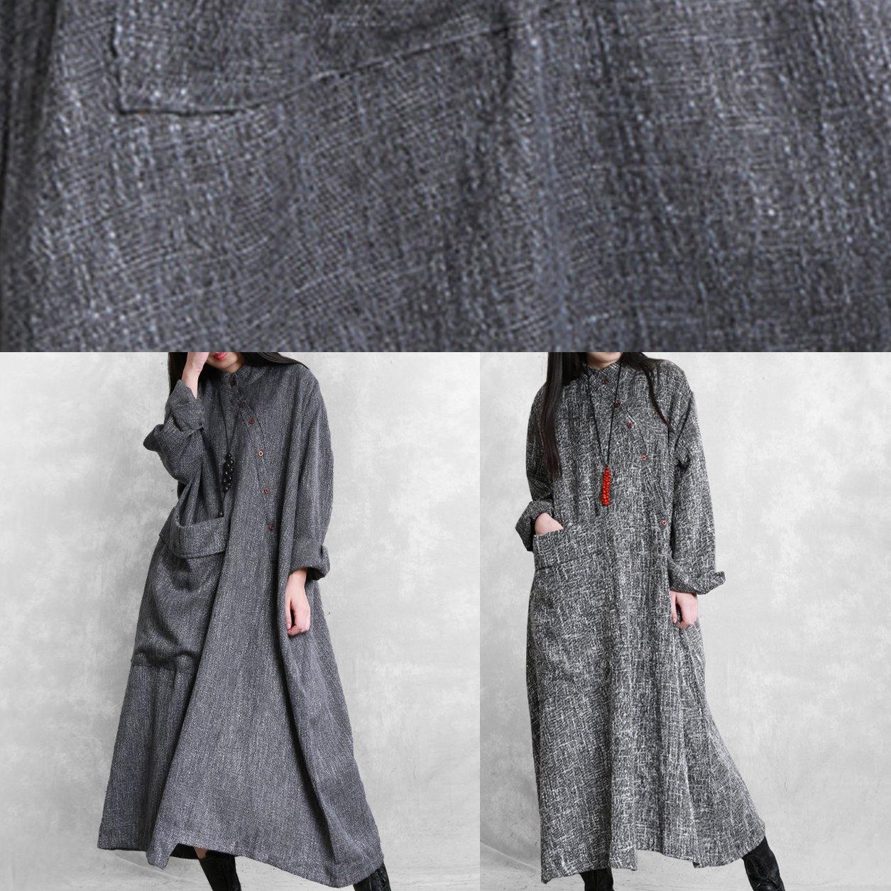 Gray Linen Clothes for Stand Collar Asymmetric Loose Dresses