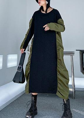 Green Tunics O Neck Patchwork Cinched Maxi Fall Dress