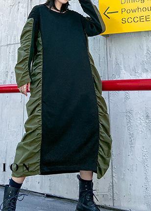 Green Tunics O Neck Patchwork Cinched Maxi Fall Dress