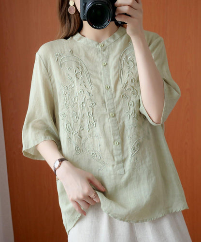 Green Clothes for Stand Collar Embroidery Silhouette Top
