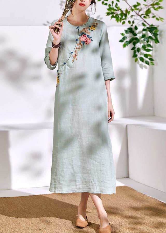 Green Linen Clothes for Embroidery a Line O Neck Dresses