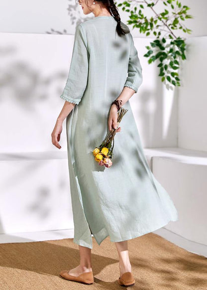 Green Linen Clothes for Embroidery a Line O Neck Dresses