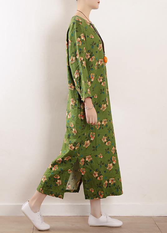 Green O Neck Linen Outfit Cotton Summer Dress