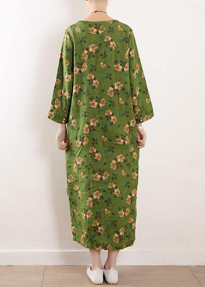 Green O Neck Linen Outfit Cotton Summer Dress