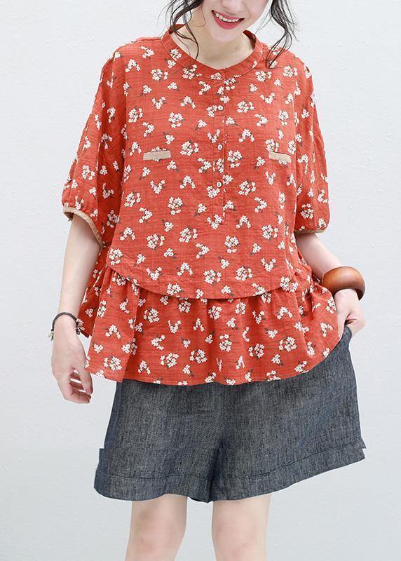 Half Sleeve Linen Tunic Design Red Prints Blouse Summer