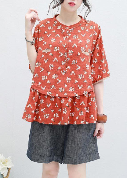 Half Sleeve Linen Tunic Design Red Prints Blouse Summer