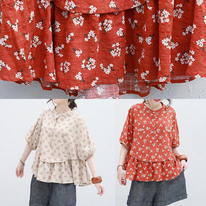 Half Sleeve Linen Tunic Design Red Prints Blouse Summer