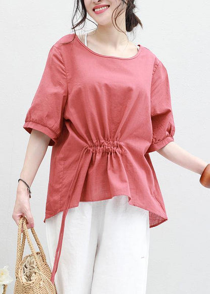 Half Sleeve Linen Tunic Top Red Drawstring Loose Top Summer