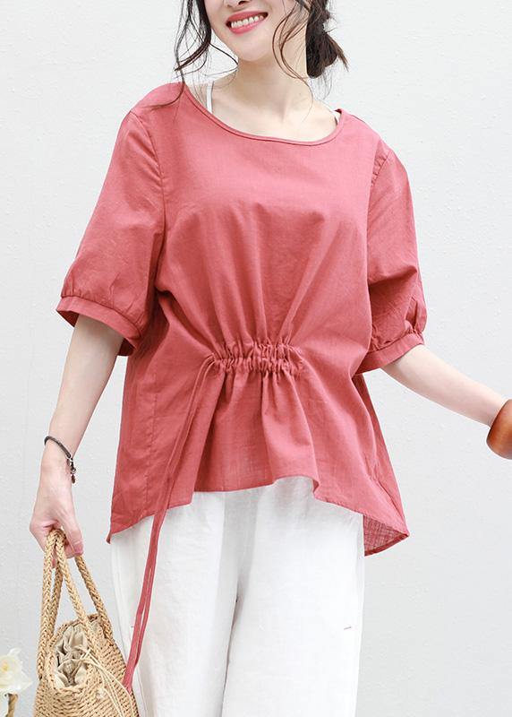 Half Sleeve Linen Tunic Top Red Drawstring Loose Top Summer