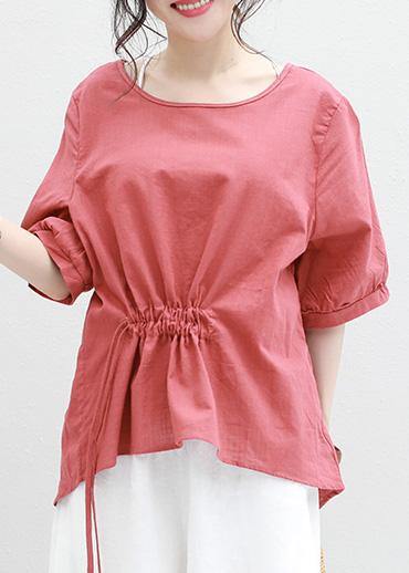 Half Sleeve Linen Tunic Top Red Drawstring Loose Top Summer