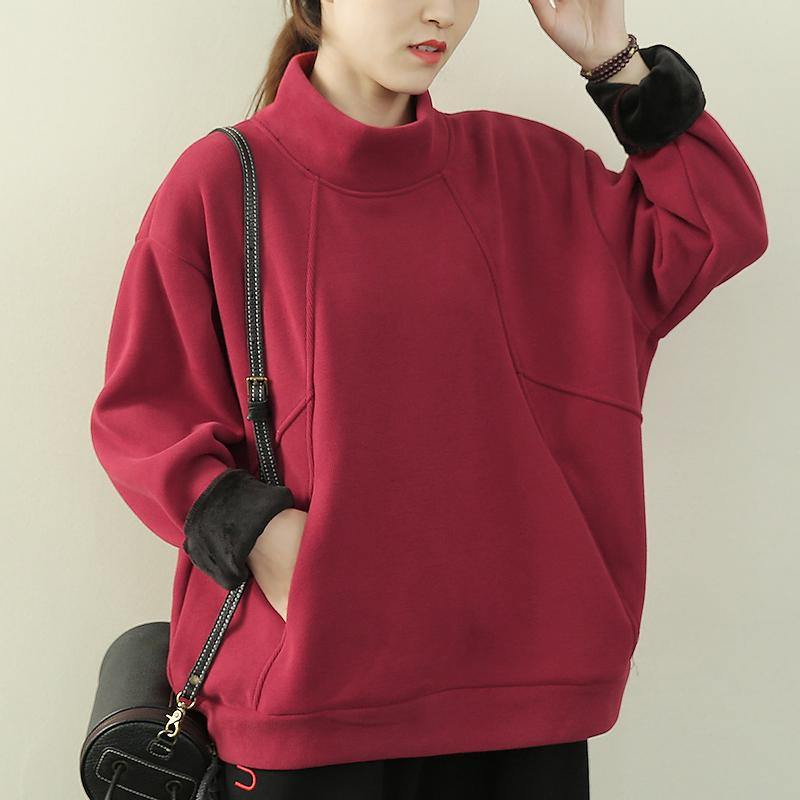 High Neck Patchwork Clothes Red Clothing Blouse