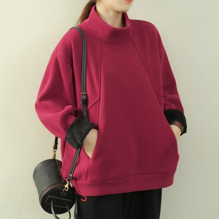 High Neck Patchwork Clothes Red Clothing Blouse