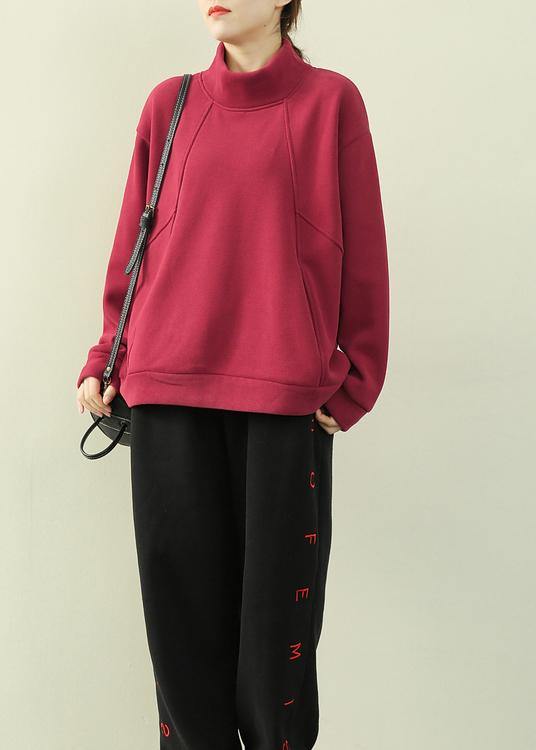 High Neck Patchwork Clothes Red Clothing Blouse