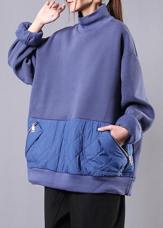 High Neck Patchwork Cotton Fall Tunic Pattern Neckline Blue Blouses