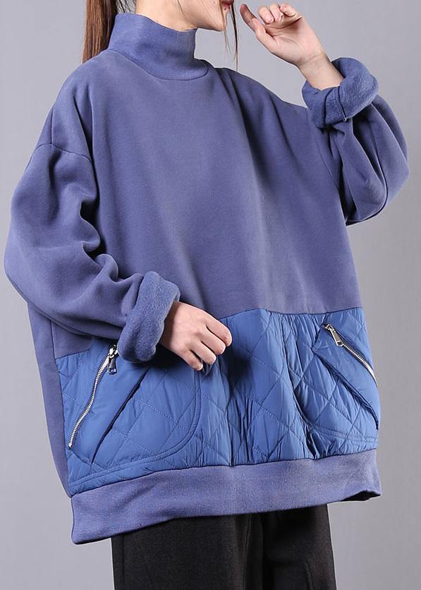 Bohemian high neck patchwork cotton fall tunic pattern Neckline blue blouses