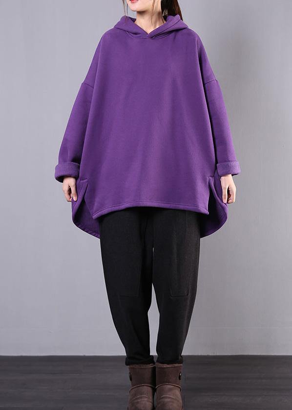 Hooded Low High Design Cotton Tunic Fabrics Purple Blouses