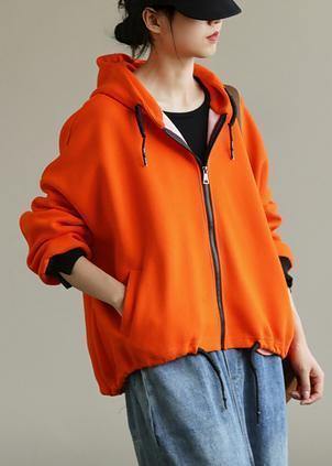 Hooded Zippered Tops Neckline Orange Shirt