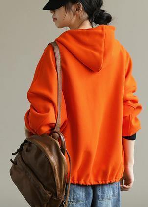Hooded Zippered Tops Neckline Orange Shirt