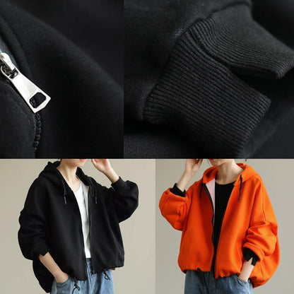Hooded Zippered Tops Neckline Orange Shirt