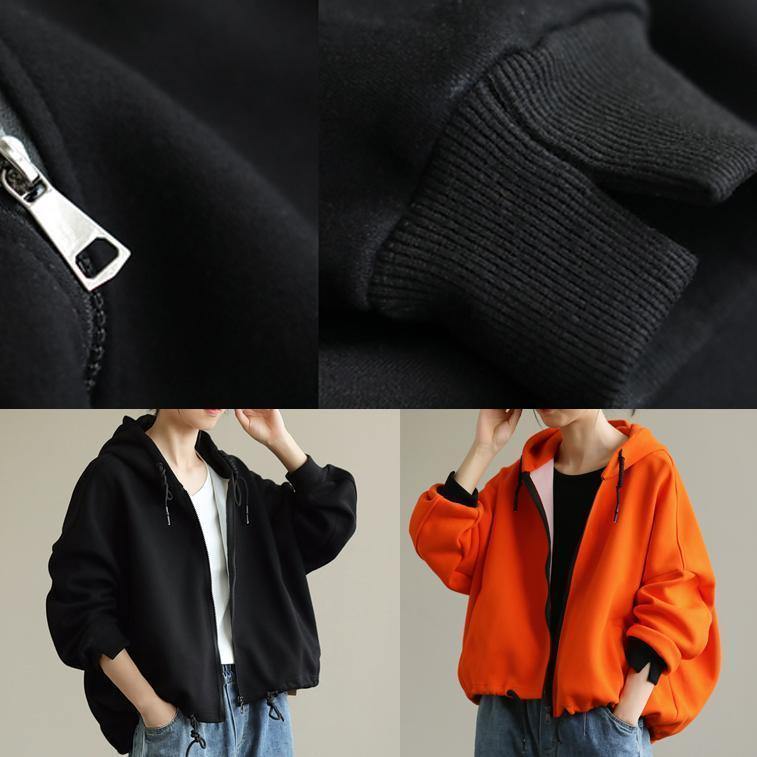 Hooded Zippered Tops Neckline Orange Shirt