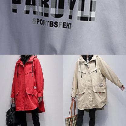 Khaki Letter Outwear Ideas Hooded Zippered Coats