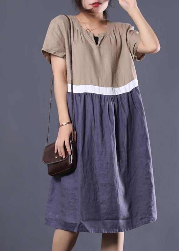 Khaki V Neck Linen Clothes Patchwork Color Long Summer Dress