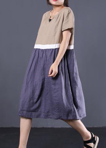 Khaki V Neck Linen Clothes Patchwork Color Long Summer Dress