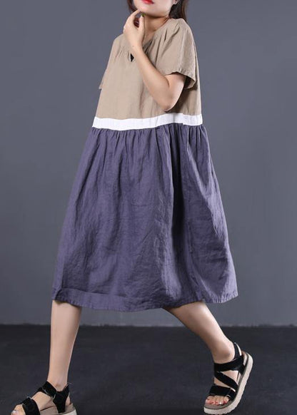 Khaki V Neck Linen Clothes Patchwork Color Long Summer Dress
