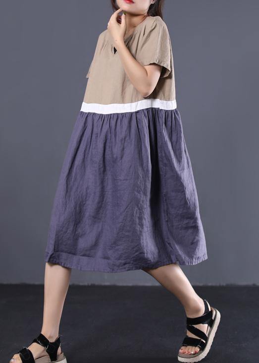 Khaki V Neck Linen Clothes Patchwork Color Long Summer Dress